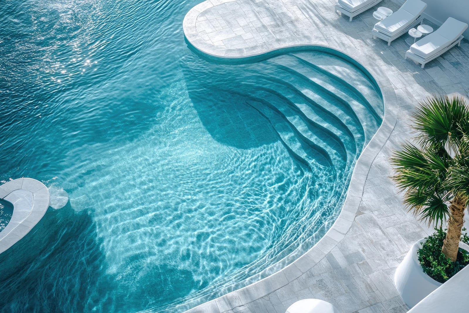Backyard water feature integrated into the landscaped surround